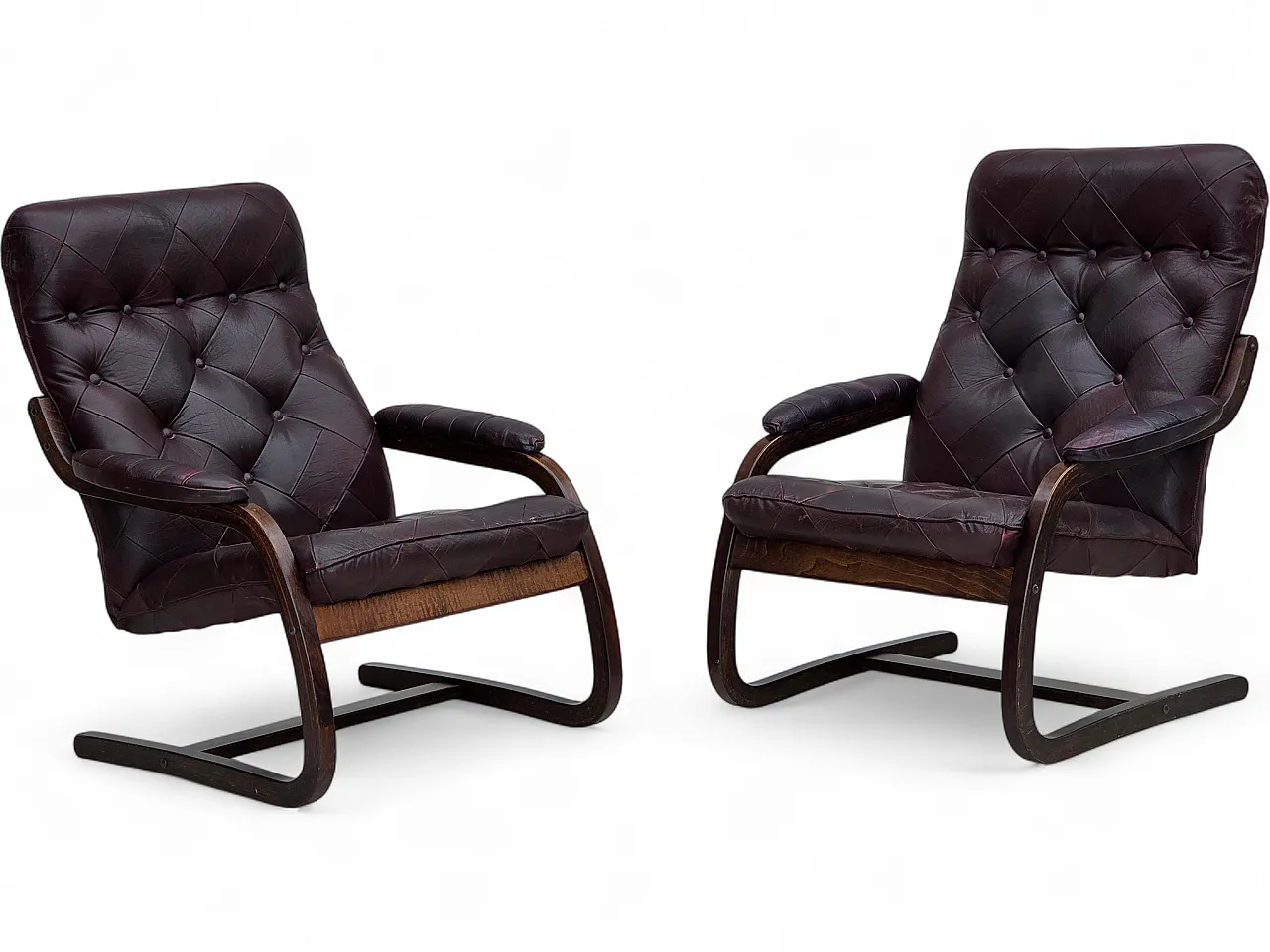 Pair of armchair in brown furniture leather and bent wood, 1970s 17