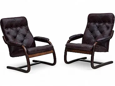 Pair of armchair in brown furniture leather and bent wood, 1970s