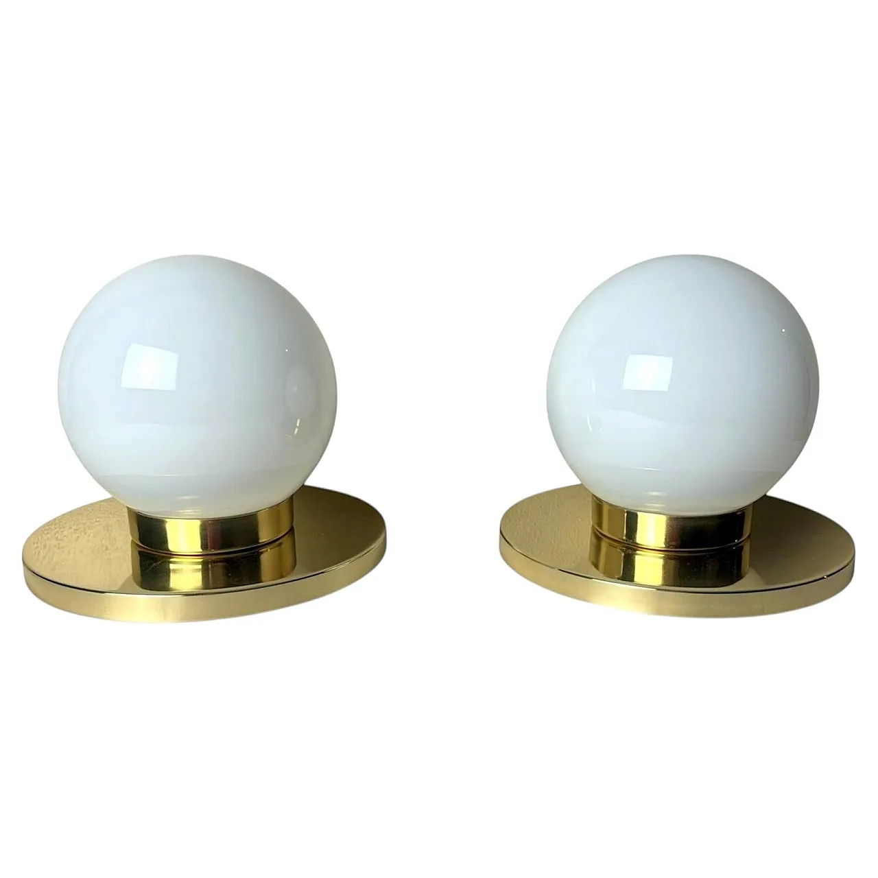 Pair of lamps with brass bases and opal glass shades, 1980s 1