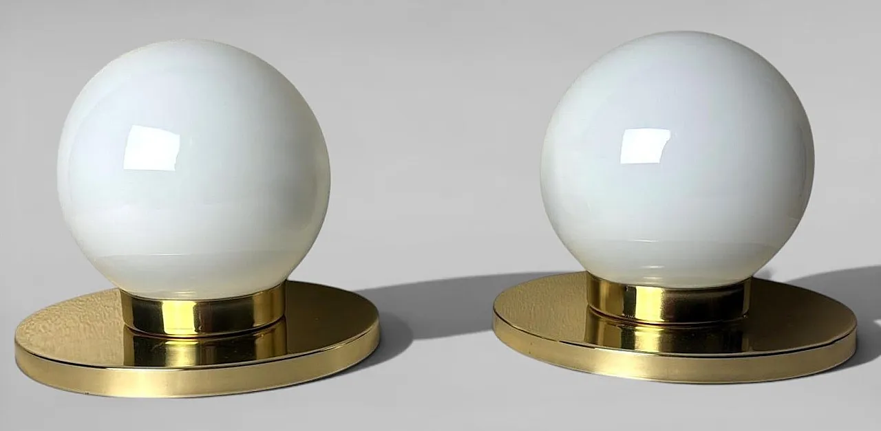 Pair of lamps with brass bases and opal glass shades, 1980s 2