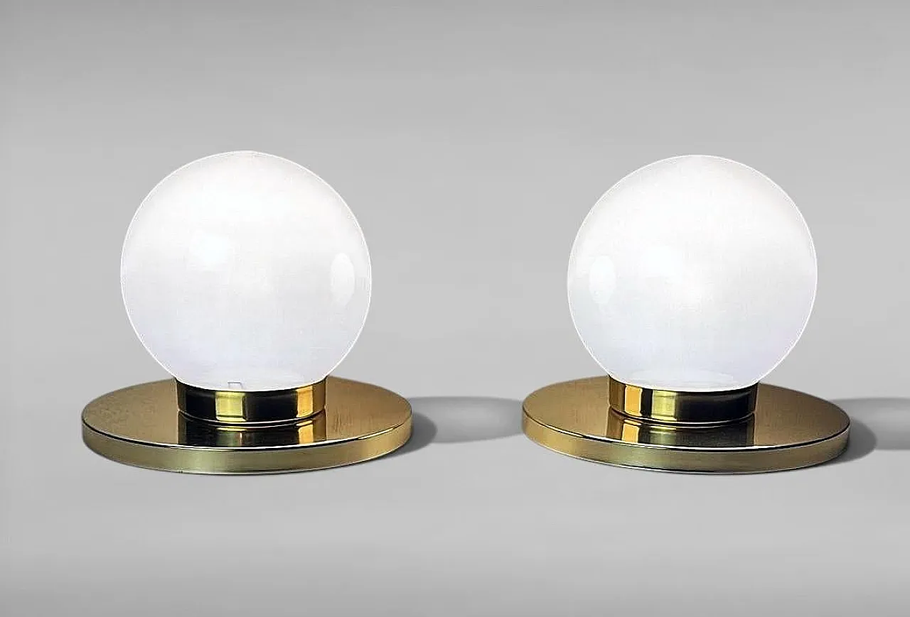 Pair of lamps with brass bases and opal glass shades, 1980s 3