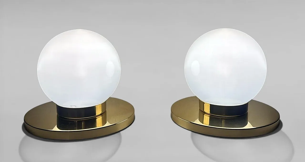 Pair of lamps with brass bases and opal glass shades, 1980s 4