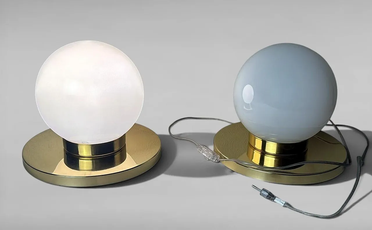 Pair of lamps with brass bases and opal glass shades, 1980s 5