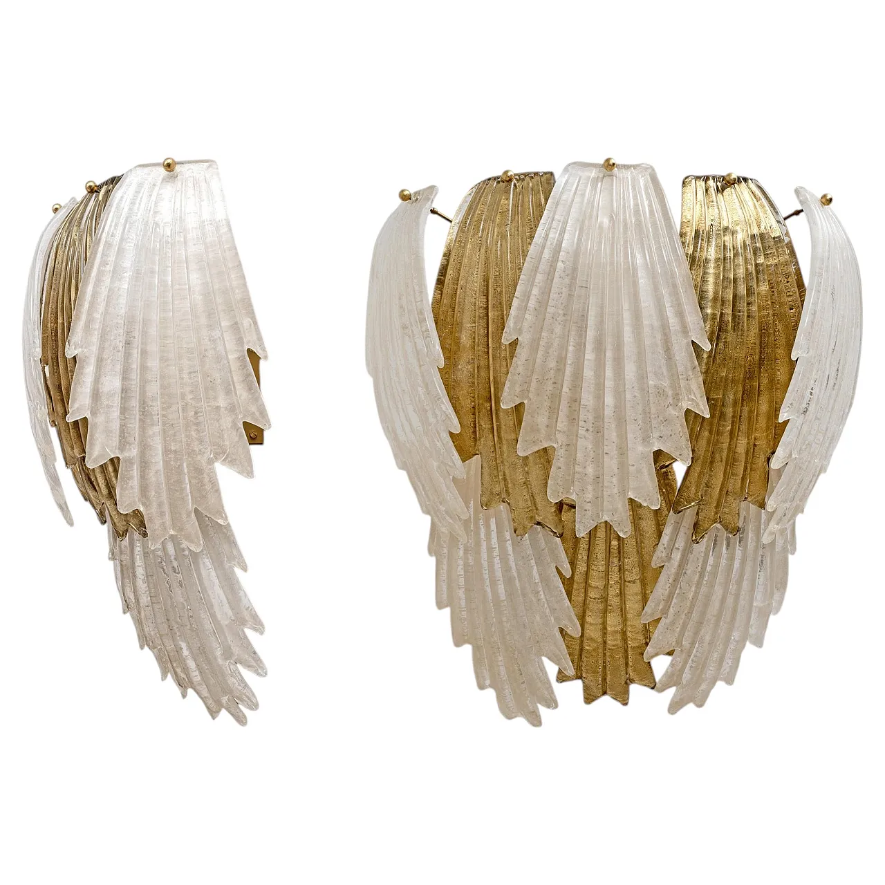 Coppia di applique in vetro di Murano e foglia di ottone, anni 2000 1