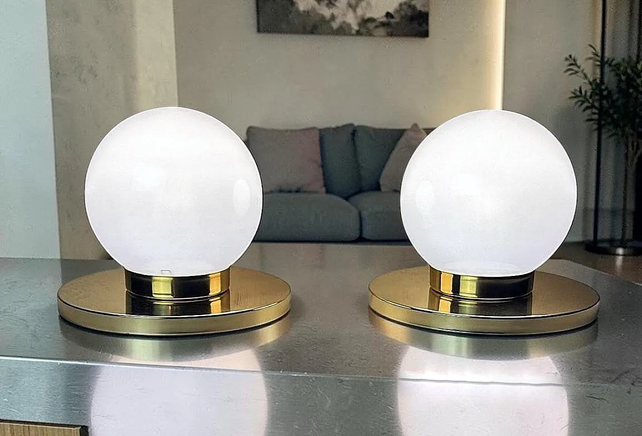 Pair of lamps with brass bases and opal glass shades, 1980s 19