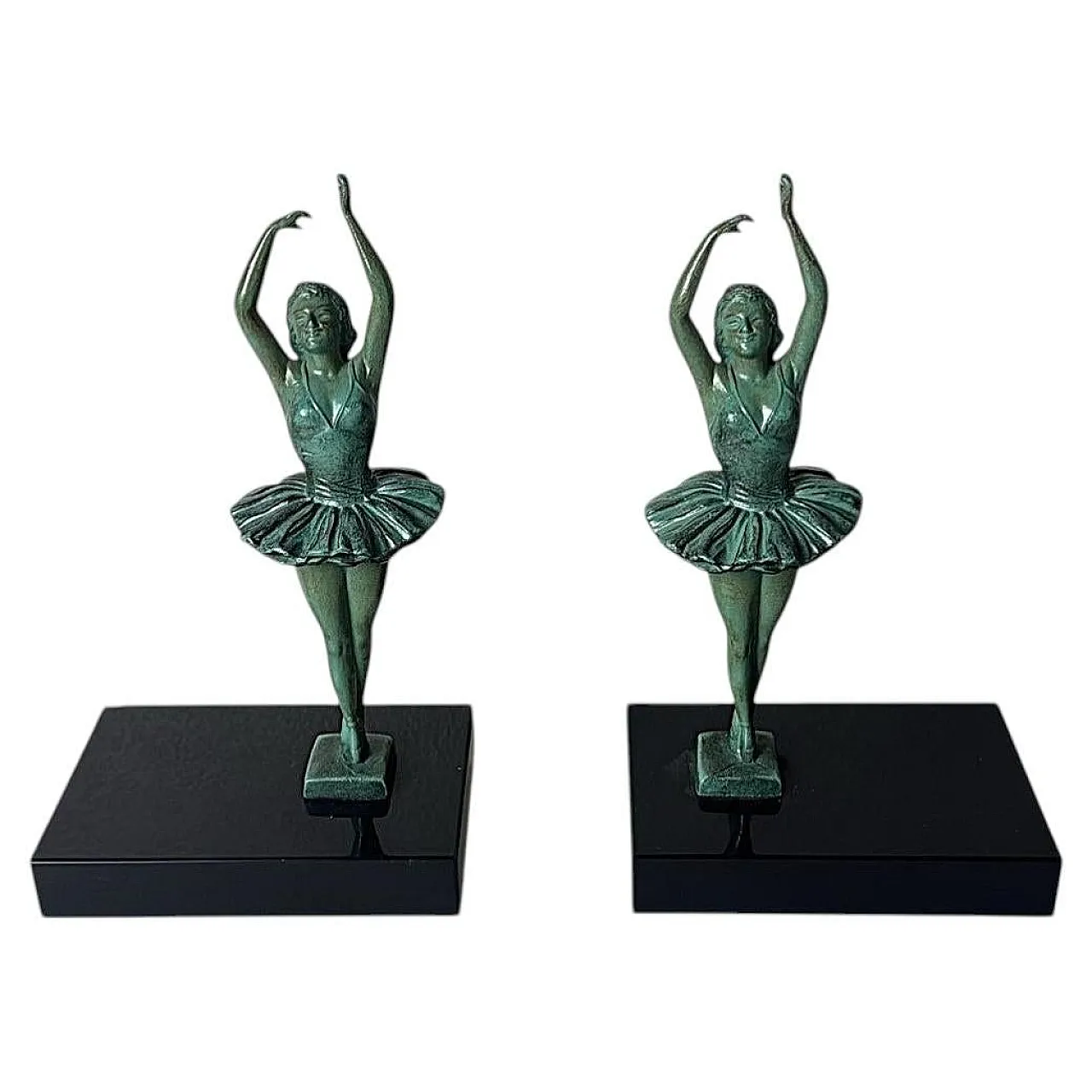 Coppia di reggilibri a ballerina in spelta e marmo di Marquina,anni 30 1