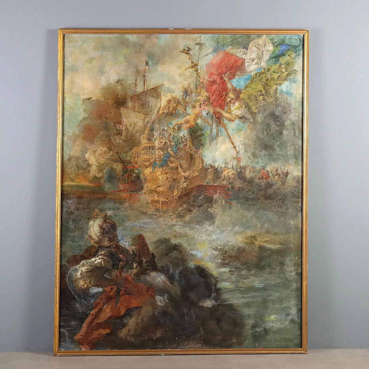 Painting of a naval battle with an allegorical figure, 19th century 1