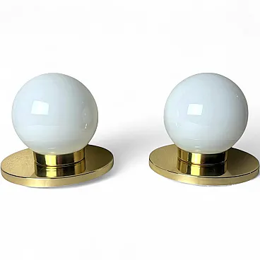 Pair of lamps with brass bases and opal glass shades, 1980s