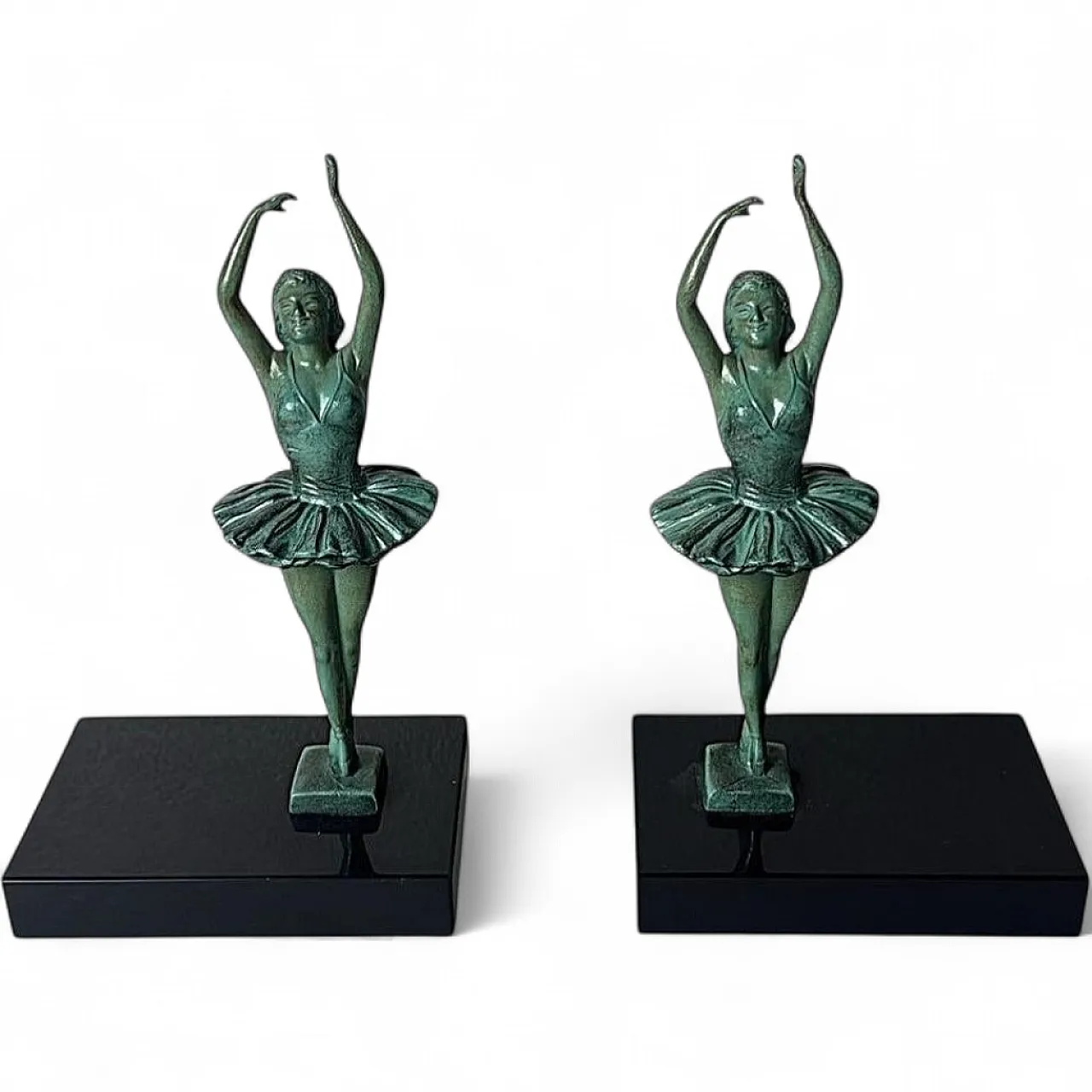 Coppia di reggilibri a ballerina in spelta e marmo di Marquina,anni 30 21