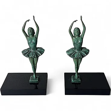 Pair of dancer bookends in spelter and black marquina marble, 1930s