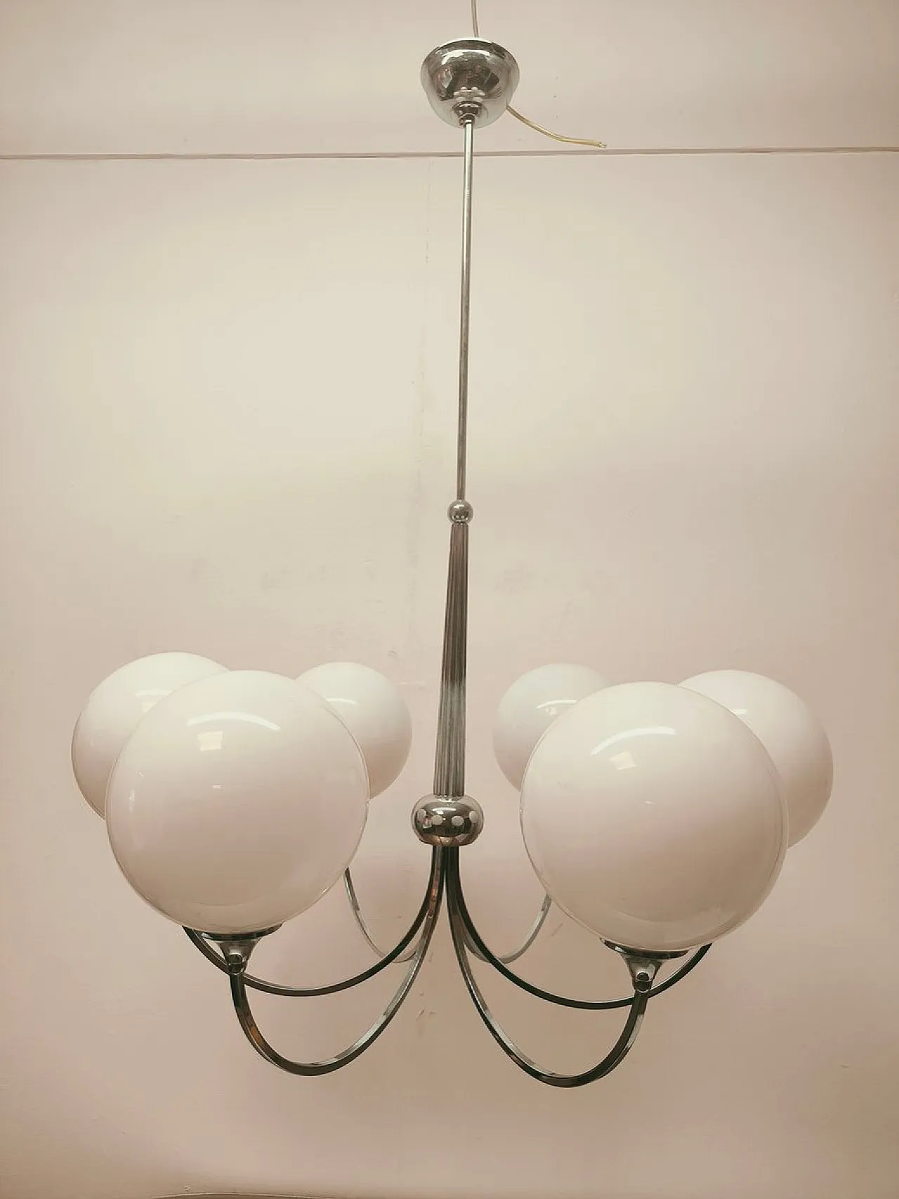 Lampadario a sei luci in metallo cromato con vetri sferici, anni '80 14