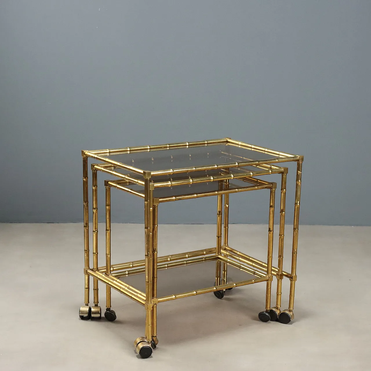 3 Tavolini in ottone e vetro fumé, 1980s 3