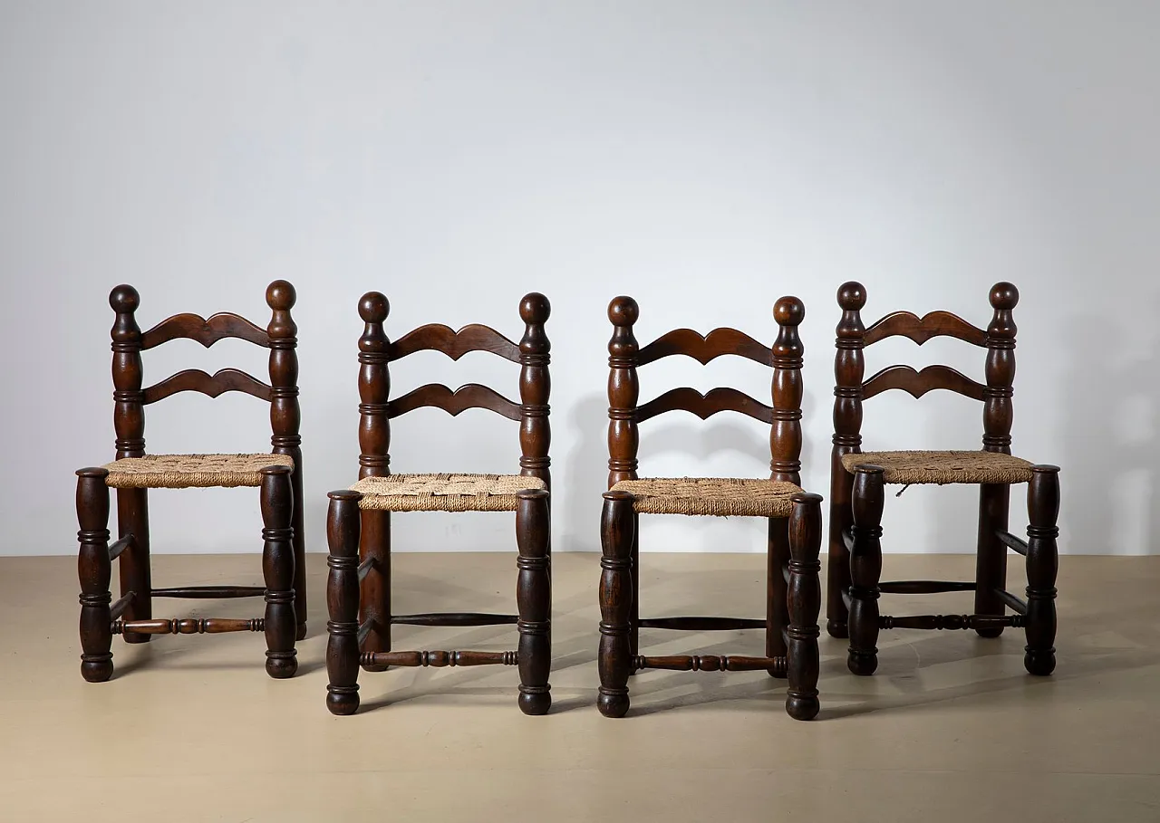 4 Sedie da pranzo in paglia intrecciata stile Charles Dudouyt, anni 40 1