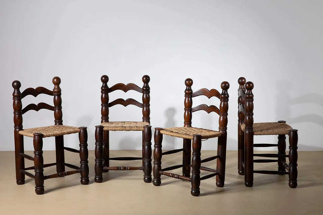 4 Sedie da pranzo in paglia intrecciata stile Charles Dudouyt, anni 40 2