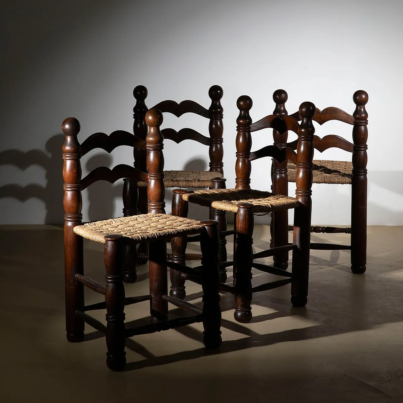 4 Sedie da pranzo in paglia intrecciata stile Charles Dudouyt, anni 40 9