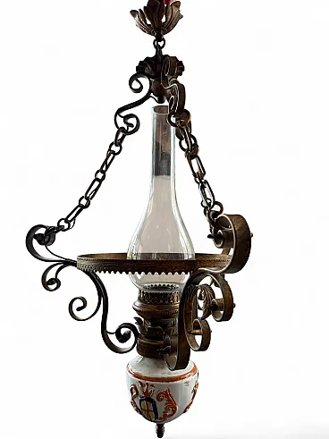 Italian Ceramic and Wrought Iron Oil-Lamp Style Pendant, 70s