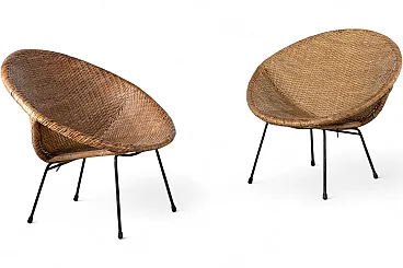 Pair of woven rattan and metal cone chairs, 1950s