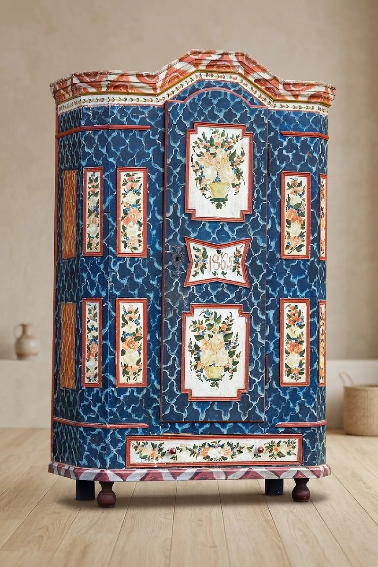 Baroque folk art hand-painted cabinet in wood, late 19th century 1