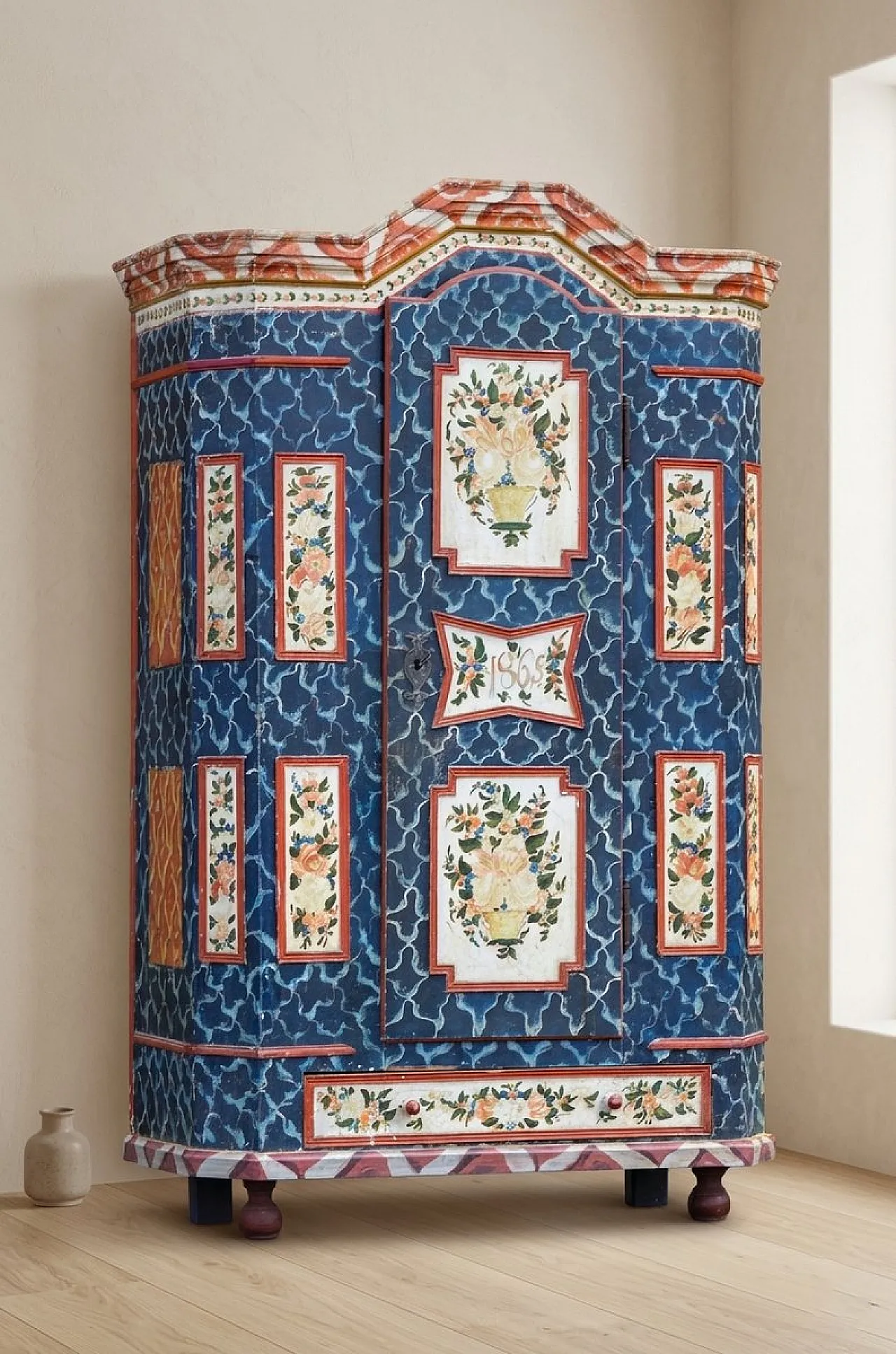 Baroque folk art hand-painted cabinet in wood, late 19th century 4