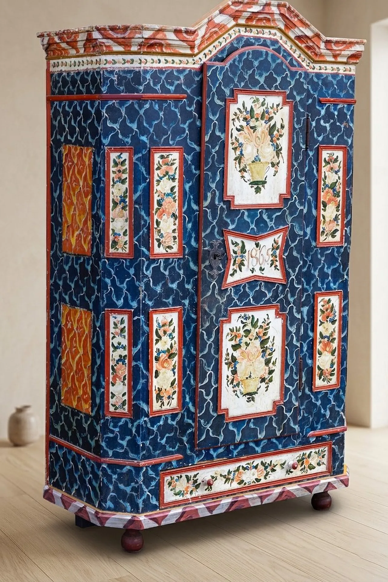 Baroque folk art hand-painted cabinet in wood, late 19th century 8
