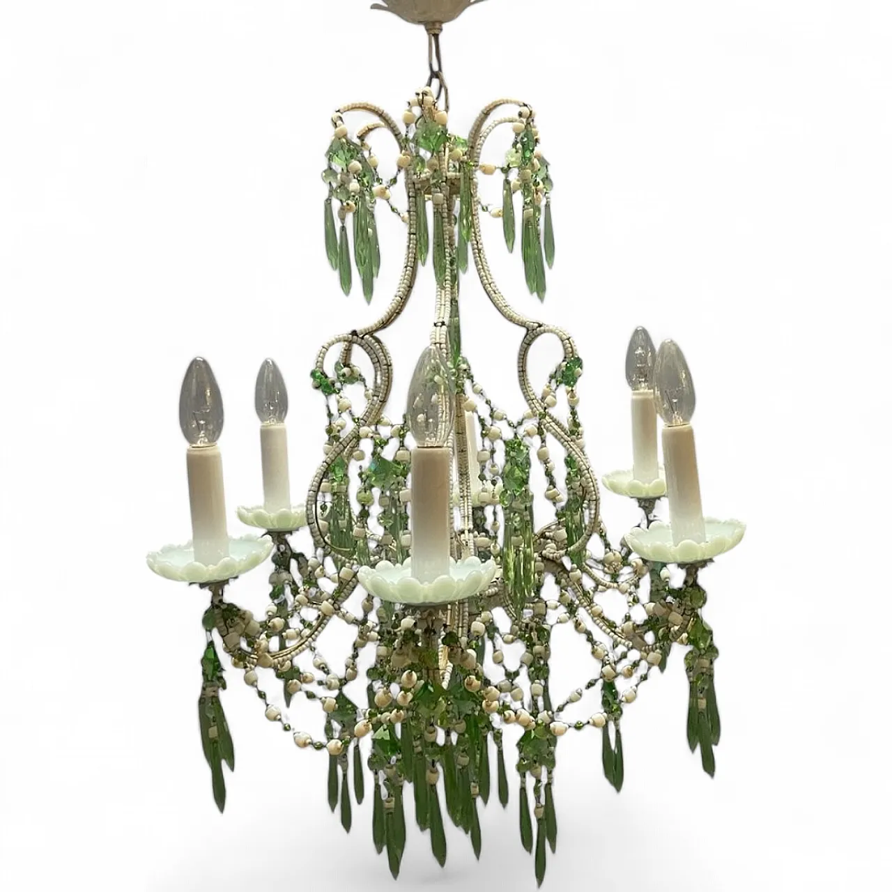 Lampadario in vetro opalino con gocce in cristallo blu e verde, anni '50 15