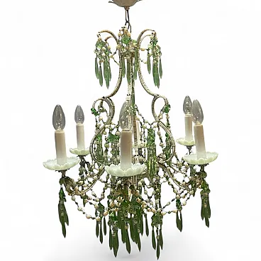 Opaline glass chandelier with blue and green crystal drops, 1950s