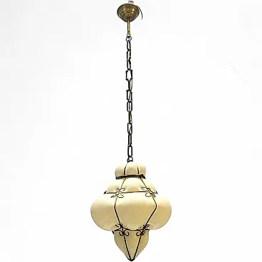 Pendant lamp in wrought iron and white Murano glass, 1960s