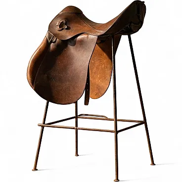 Pair of Saddle style leather and metal bar stools, late 20th century
