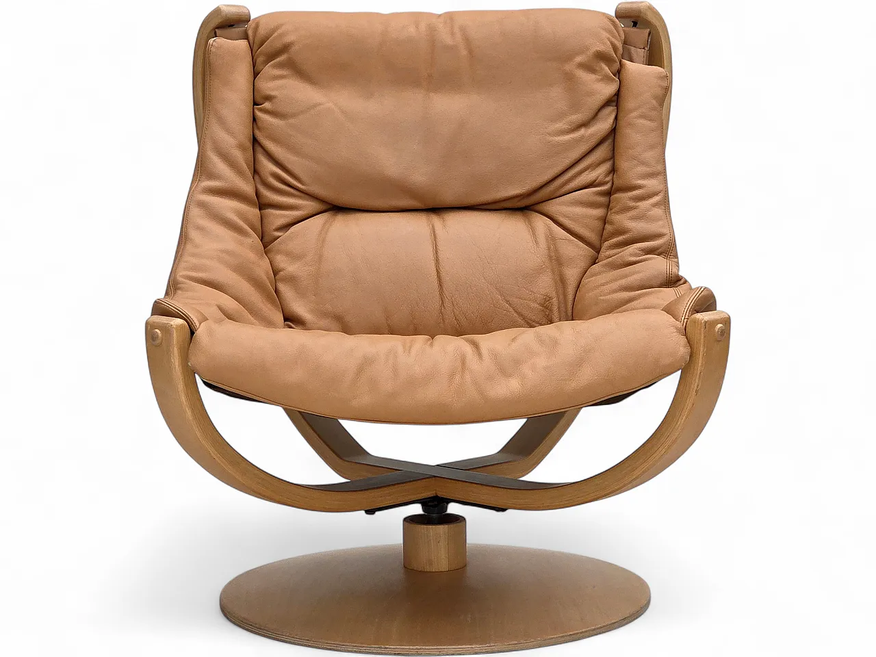 1980s, Scandinavian swivel armchair, furniture leather, bent wood. 22