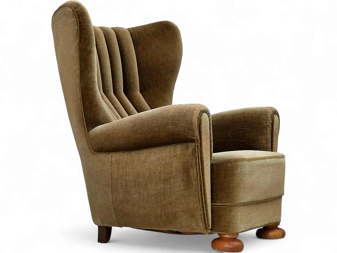 Anni '60, poltrona relax danese con schienale alto, velluto verde. 19