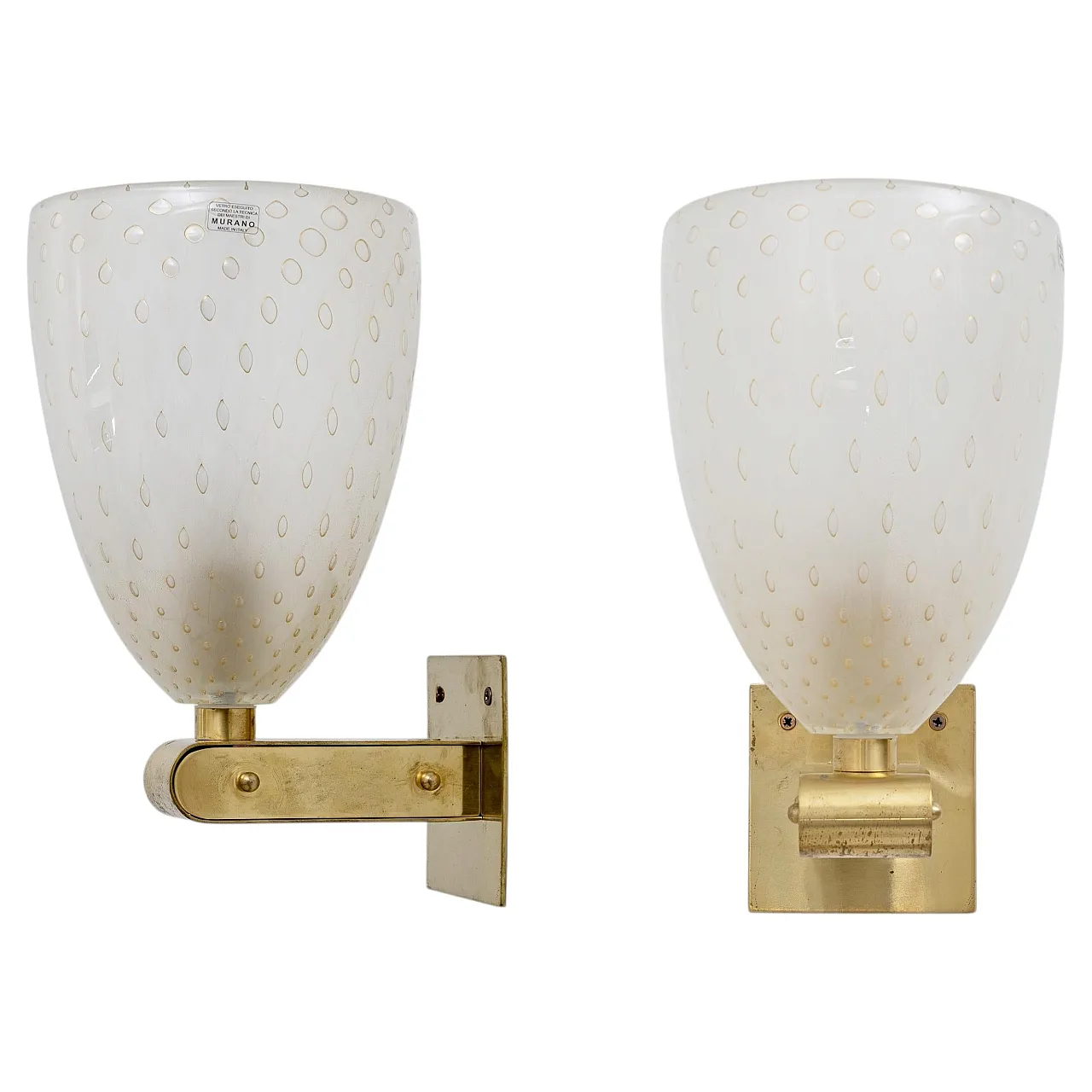Coppia di applique in vetro pulegoso di Murano e ottone, anni '80 1