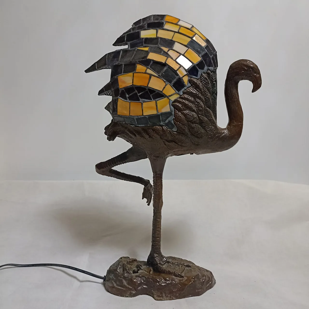 Tiffany style flamingo lamp with patinated bronze base. 2