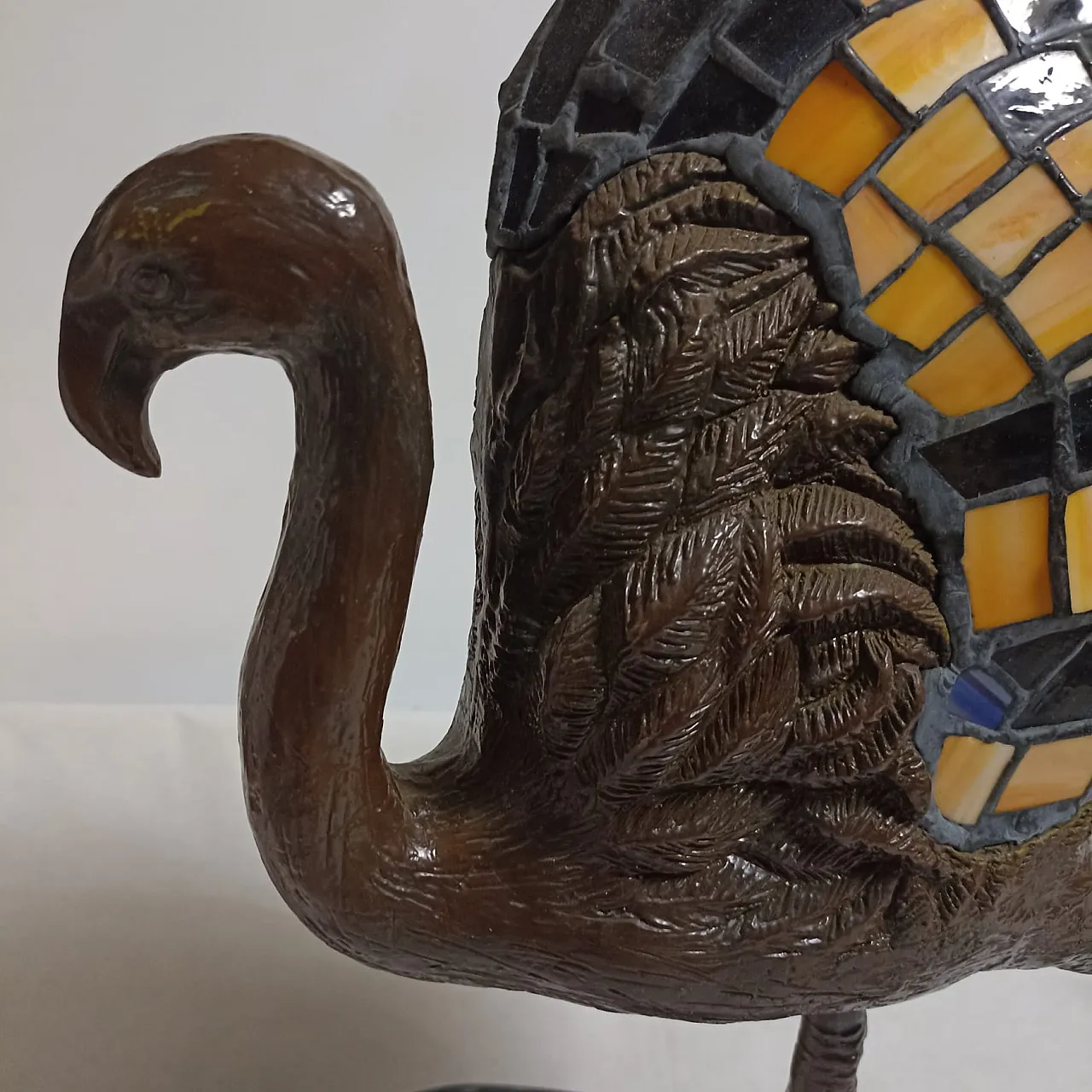 Tiffany style flamingo lamp with patinated bronze base. 10