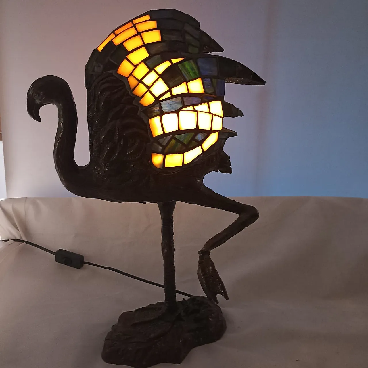 Tiffany style flamingo lamp with patinated bronze base. 25