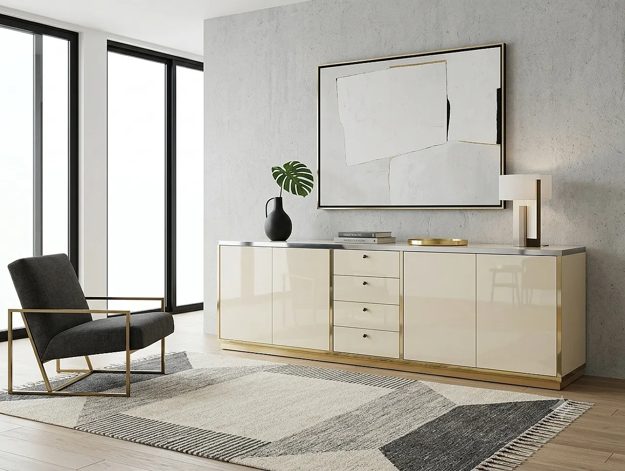 Buffet sideboard in beige and gold lacquered wood from the 70s 10