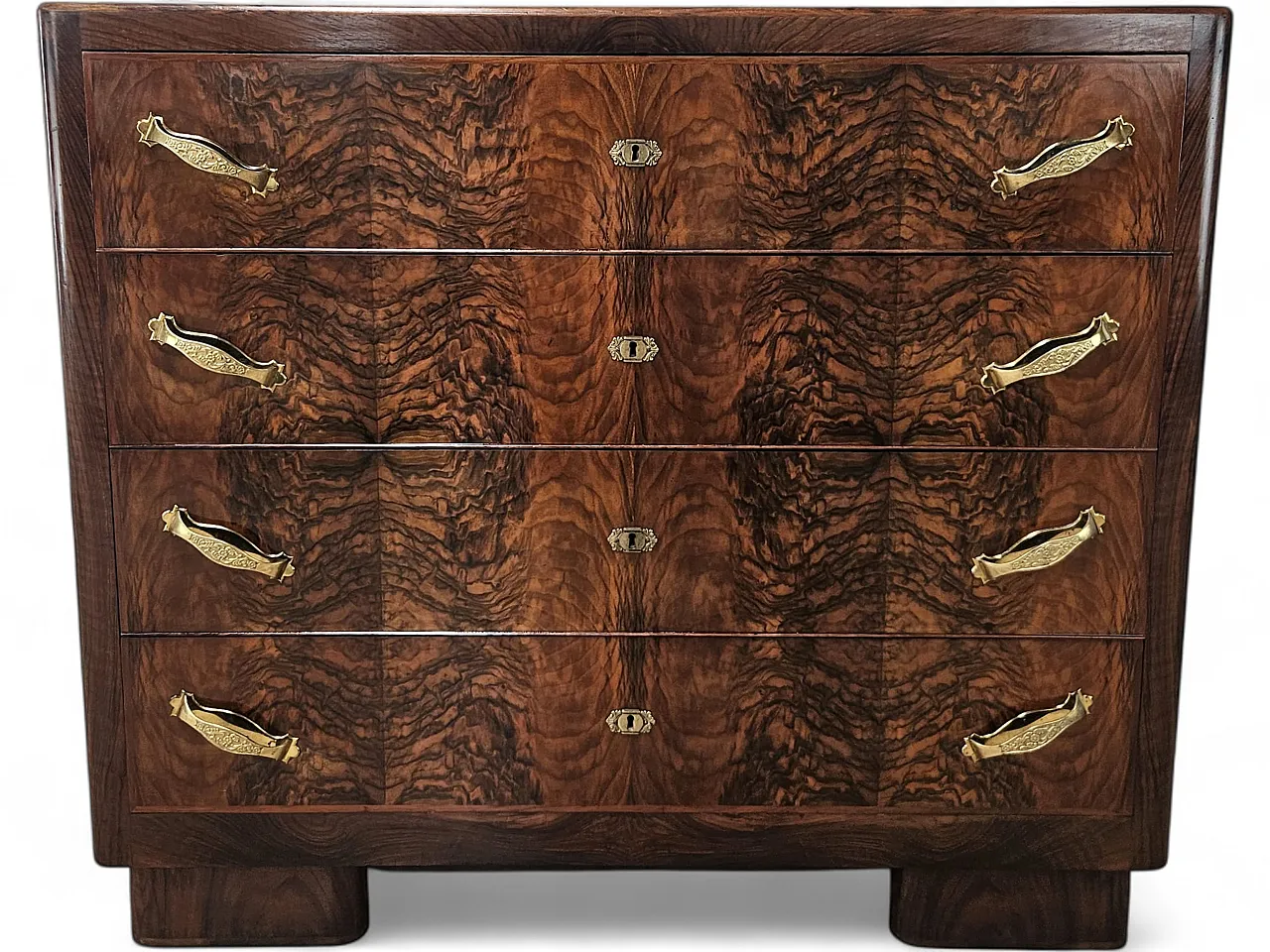1940s Art Deco chest of drawers in walnut root with black glass top 20