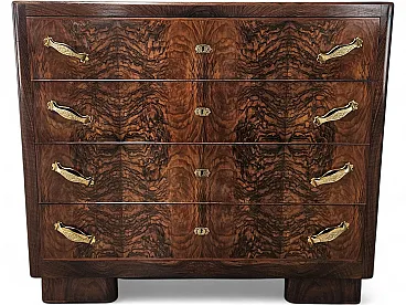 1940s Art Deco chest of drawers in walnut root with black glass top