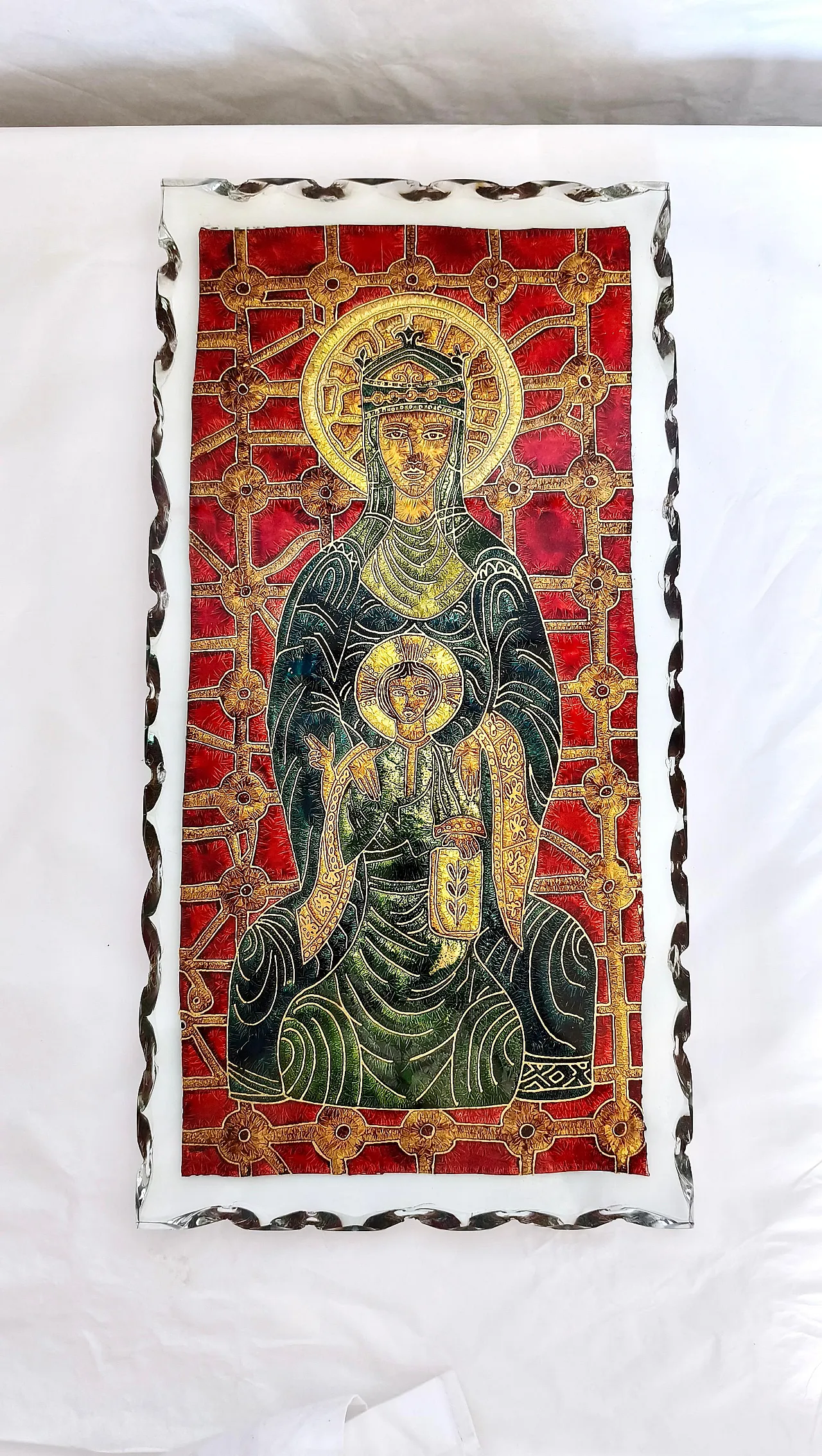 Sacred image hammered glass panel in the style of Fontana Arte, 1970s 3