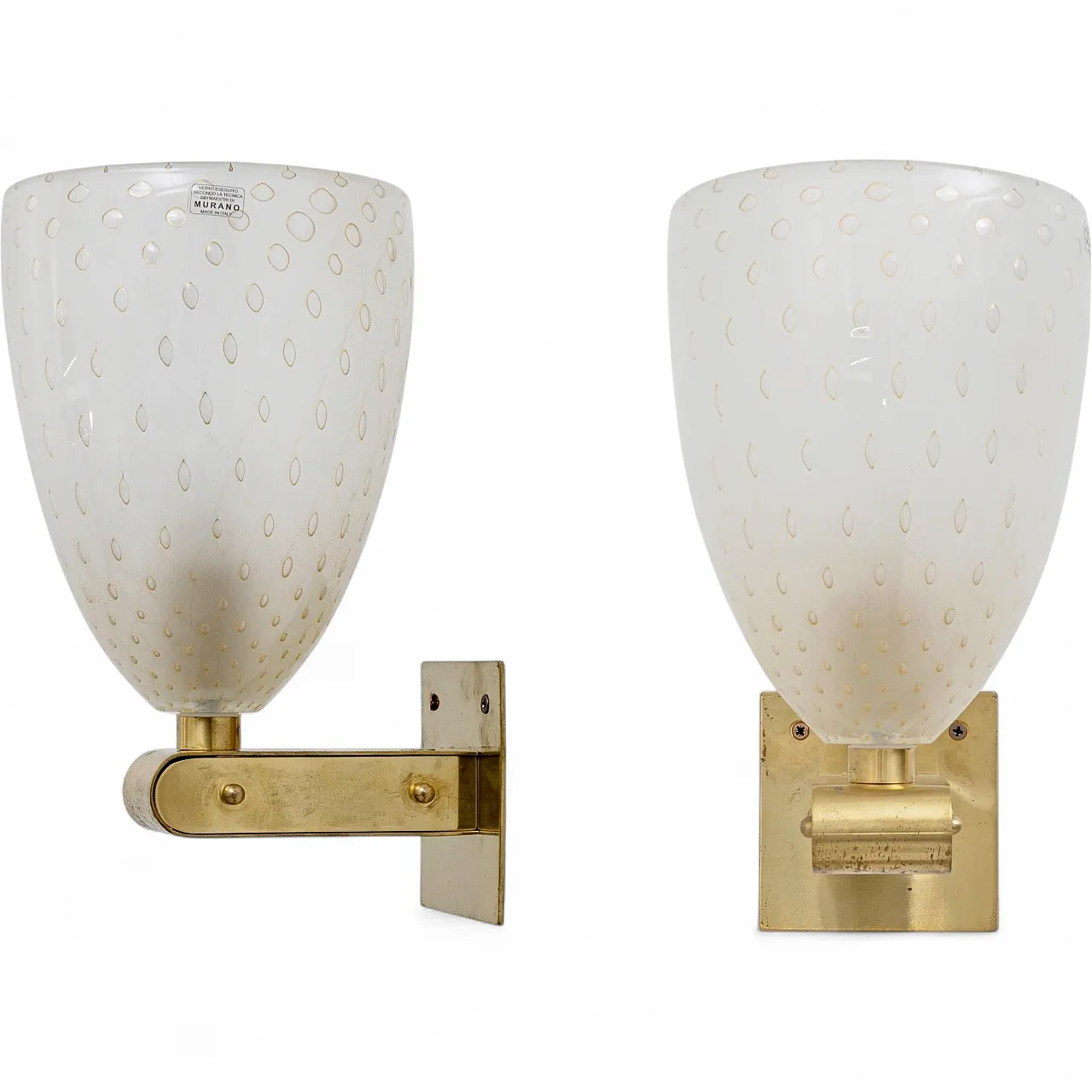 Coppia di applique in vetro pulegoso di Murano e ottone, anni '80 10