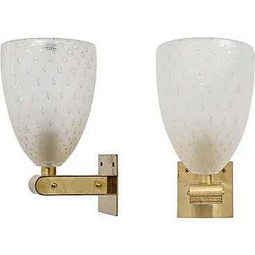 Pair of Murano pulegoso glass and brass wall sconces, 1980s