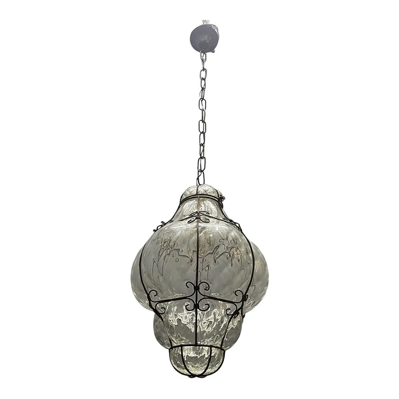 Lampadario in ferro battuto e vetro di Murano, anni '60 1