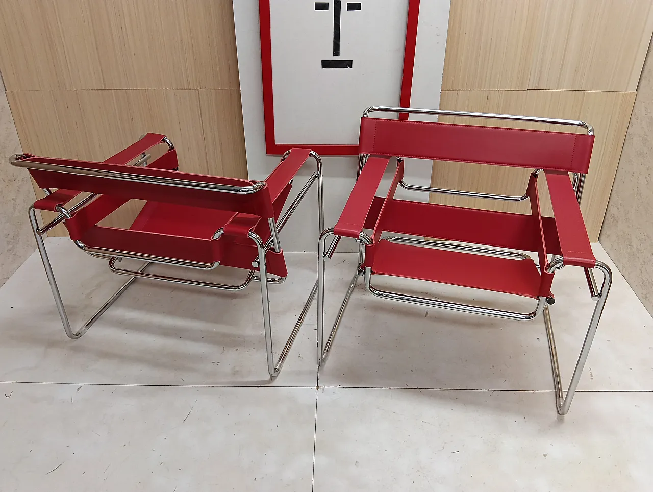 Pair of Knoll Studio 2 B3 WASSILY armchairs in red leather, 1920s 15