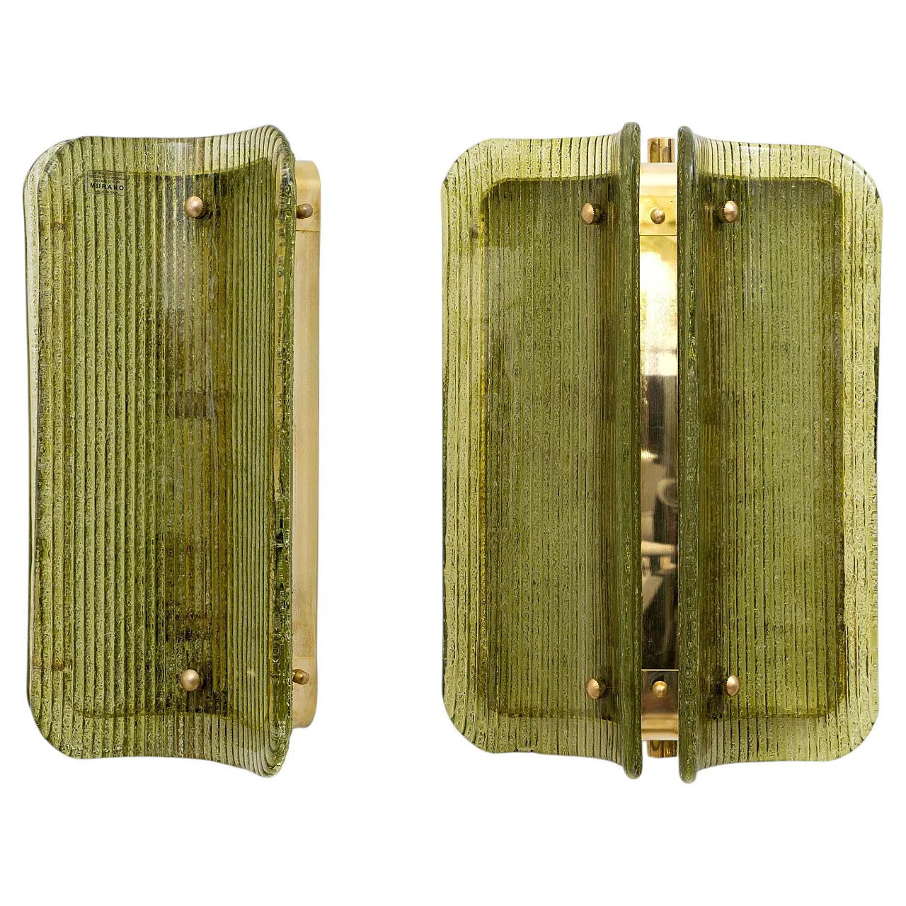 Coppia di applique in vetro di Murano curvato e rigato e ottone, '900 1