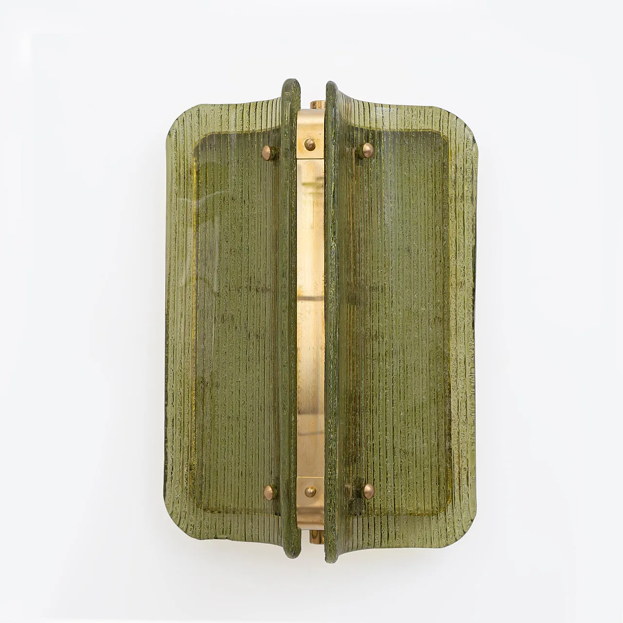 Coppia di applique in vetro di Murano curvato e rigato e ottone, '900 3