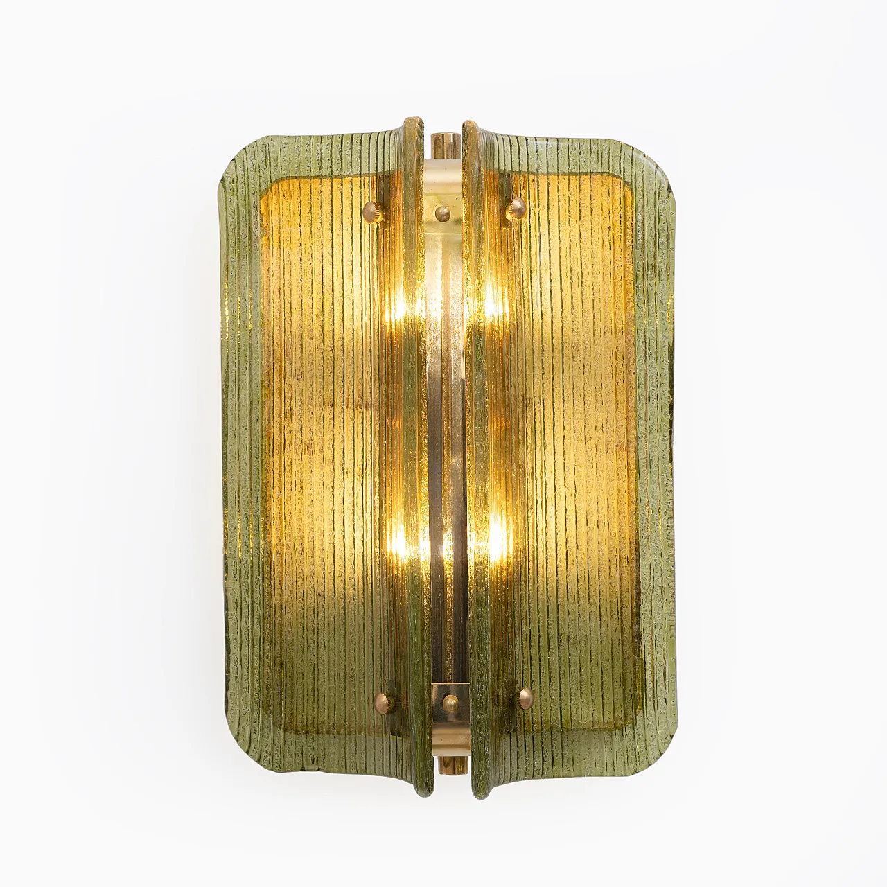 Coppia di applique in vetro di Murano curvato e rigato e ottone, '900 4