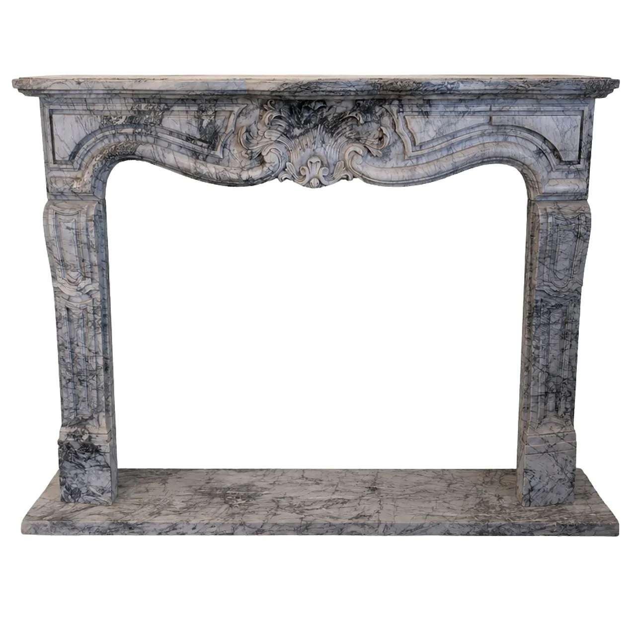 French fireplace in Bardiglio Imperiale marble, Louis XV, 19th century 1