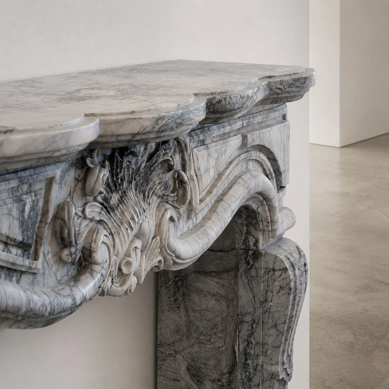 French fireplace in Bardiglio Imperiale marble, Louis XV, 19th century 3