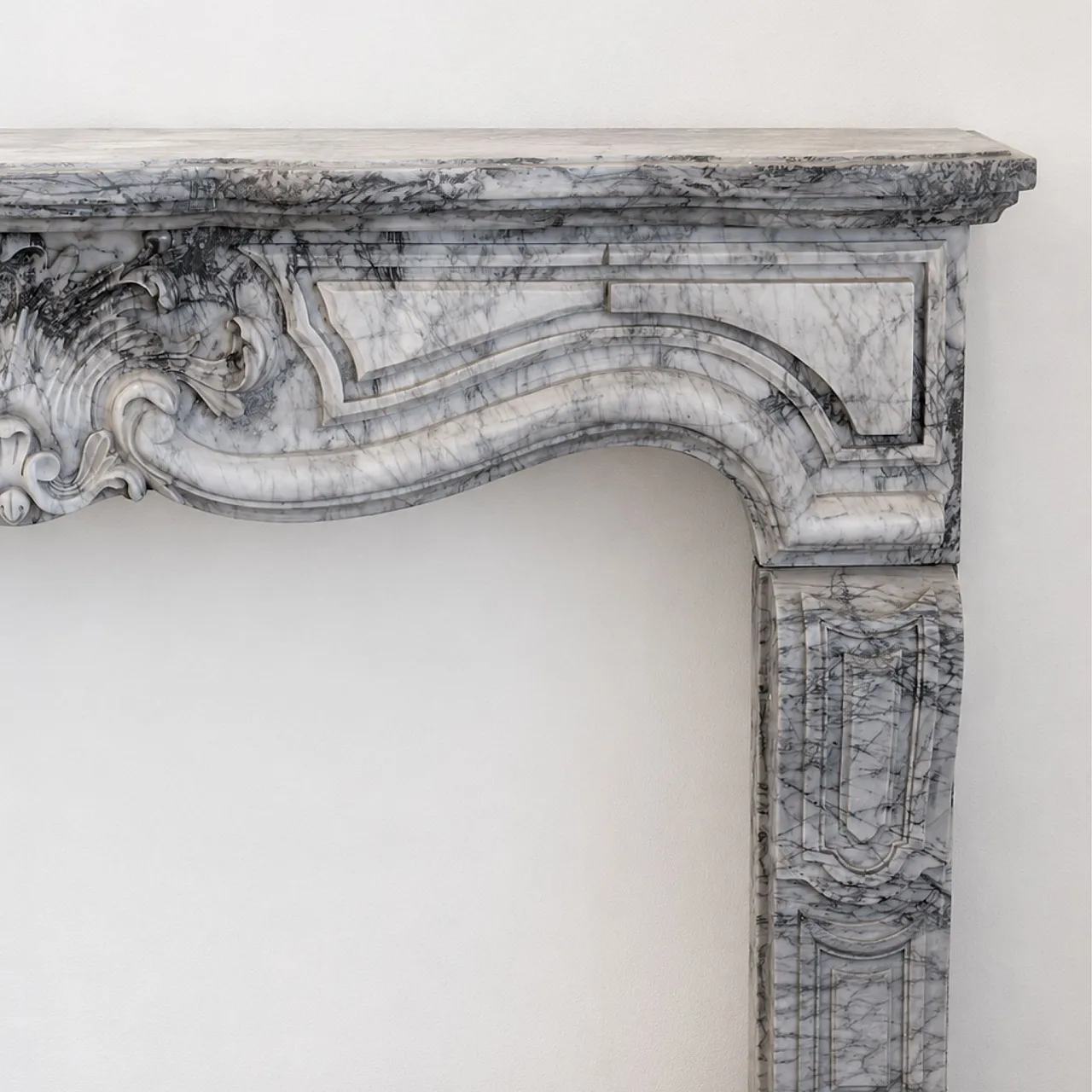 French fireplace in Bardiglio Imperiale marble, Louis XV, 19th century 4