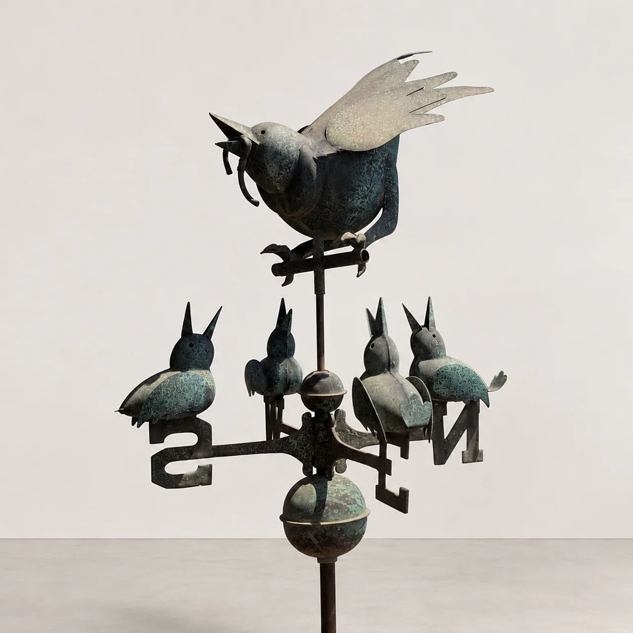 Wind vane in three-dimensional copper with birds, early 20th century 8