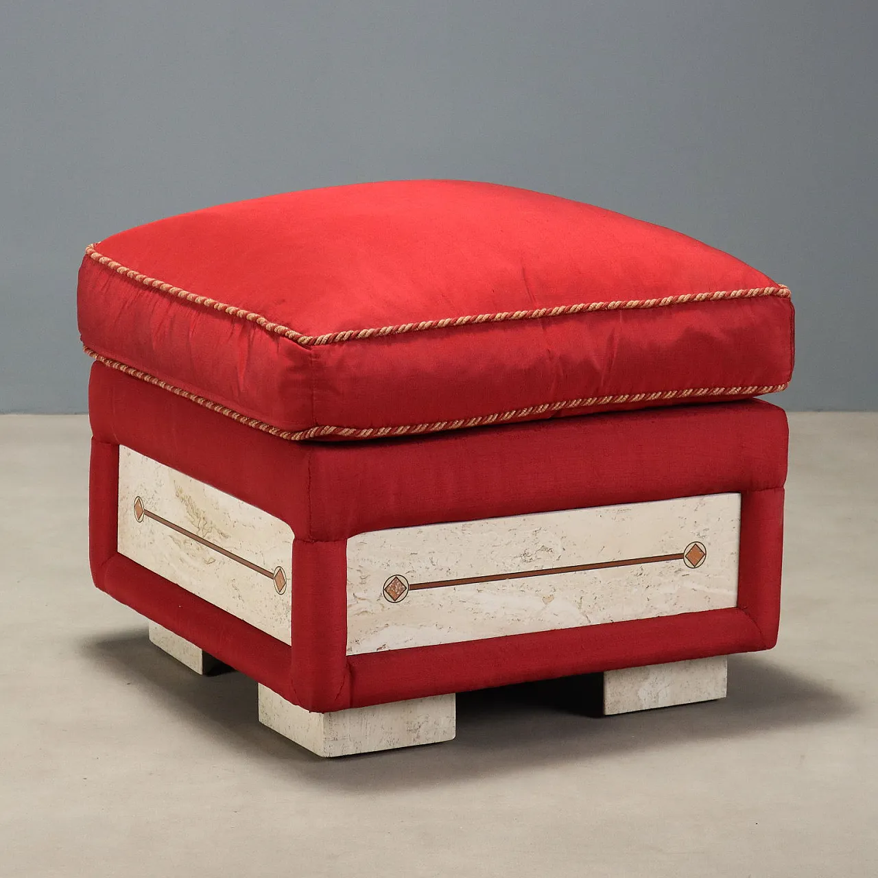 Pouf with cushion in fabric and inserts in faux marble, 20th century 1